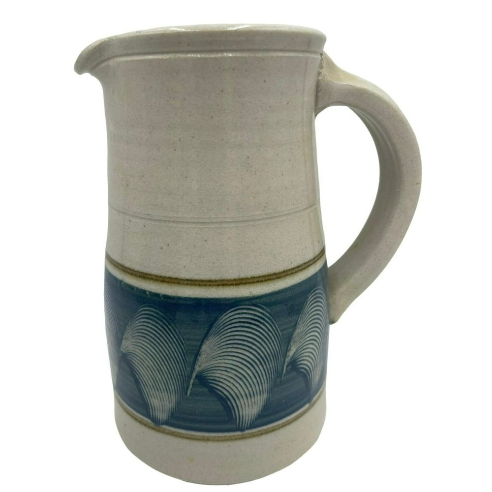 Artisan Pottery Pitcher Gray with Blue Pulled Feather Design Glossy Glaze